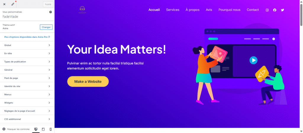 Menu Apparence d'un Theme sur un site web WordPress à la Réunion 974